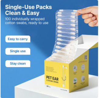 Hisopos limpiadores para orejas de mascota — 100 uds, precargados y envasados individualmente